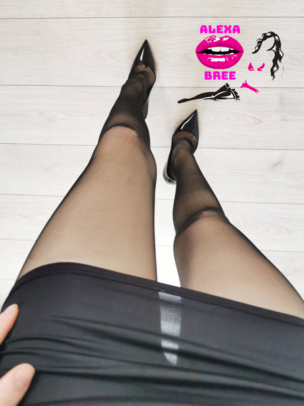 Black stockings, black leather miniskirt and black heels